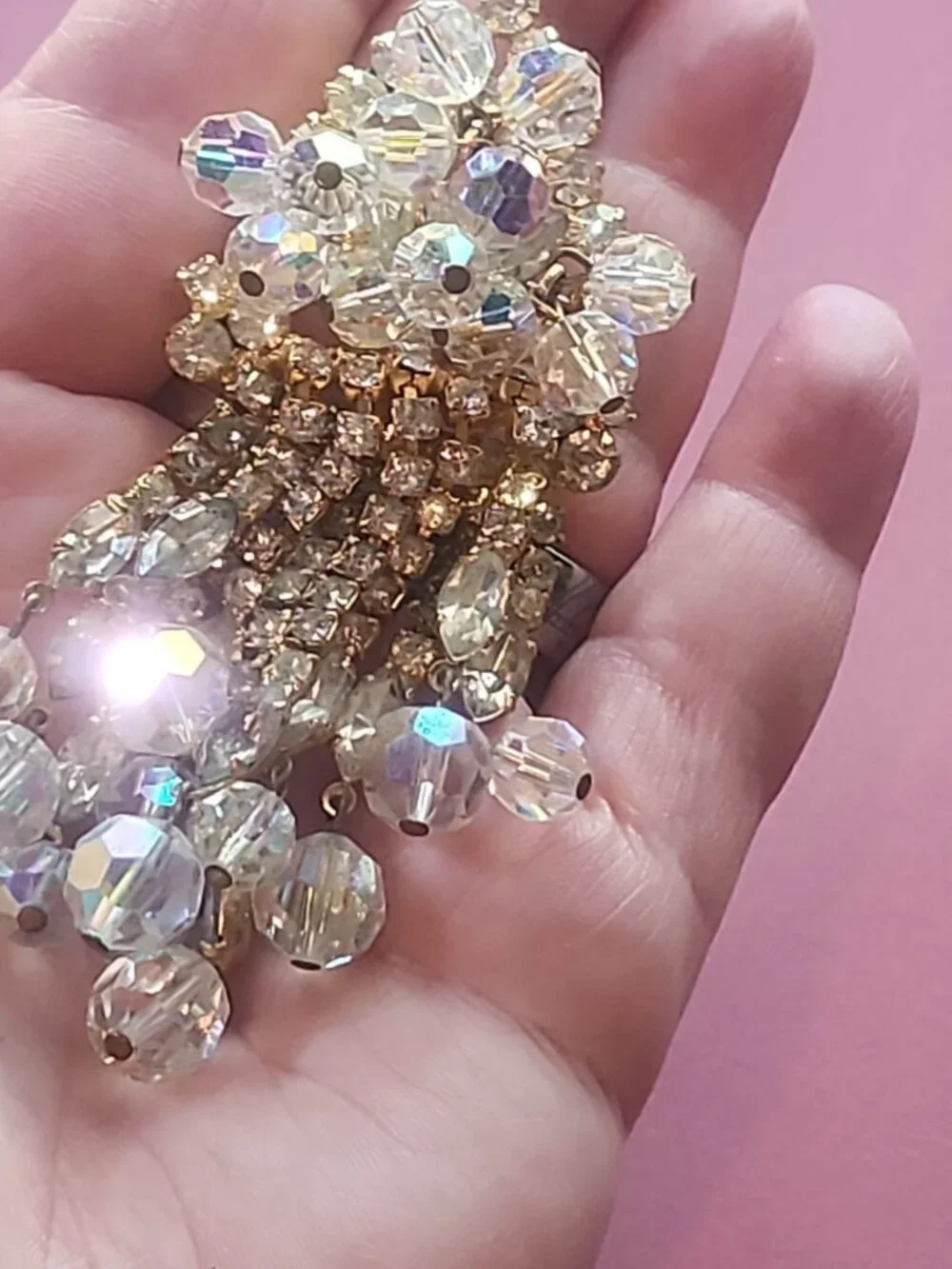 Vintage 1950s Aurora Borealis Crystal Waterfall Brooch - 12-Strand Tassel Pin